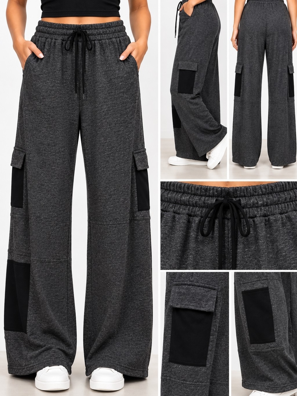 Davi & Dani Glitter & Lace Black Mixed Media Wide Leg Cargo Pants NWT 1XL